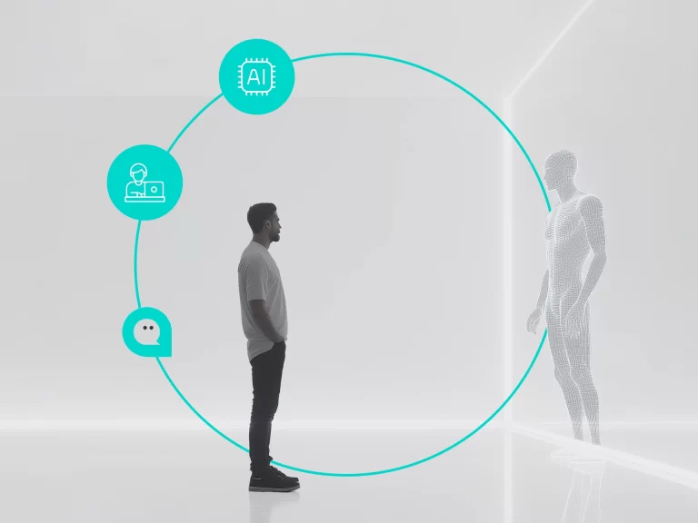 Sostenibilidad Humana y Tecnológica 1 Agente y sistema de IA interactuando en un Contact Center, representando sostenibilidad humana y tecnológica con Omnis Contact Center.