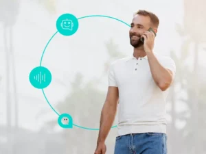 Omnis Contact Center CX 5 Cliente interactuando con un sistema IVR personalizado en Omnis Contact Center, con flujos de voz y tecnología omnicanal.