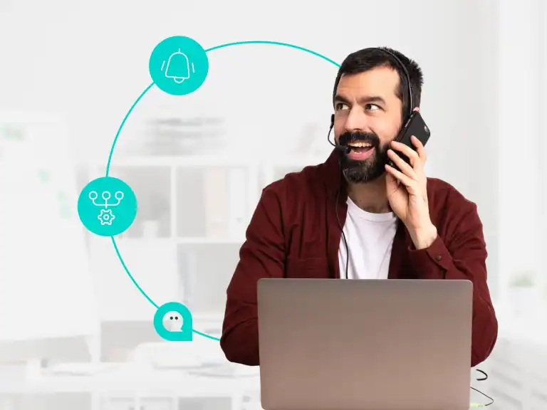 Representación de Omnis Contact Center CX manejando alta demanda con canales integrados, bots e interfaz en nube.