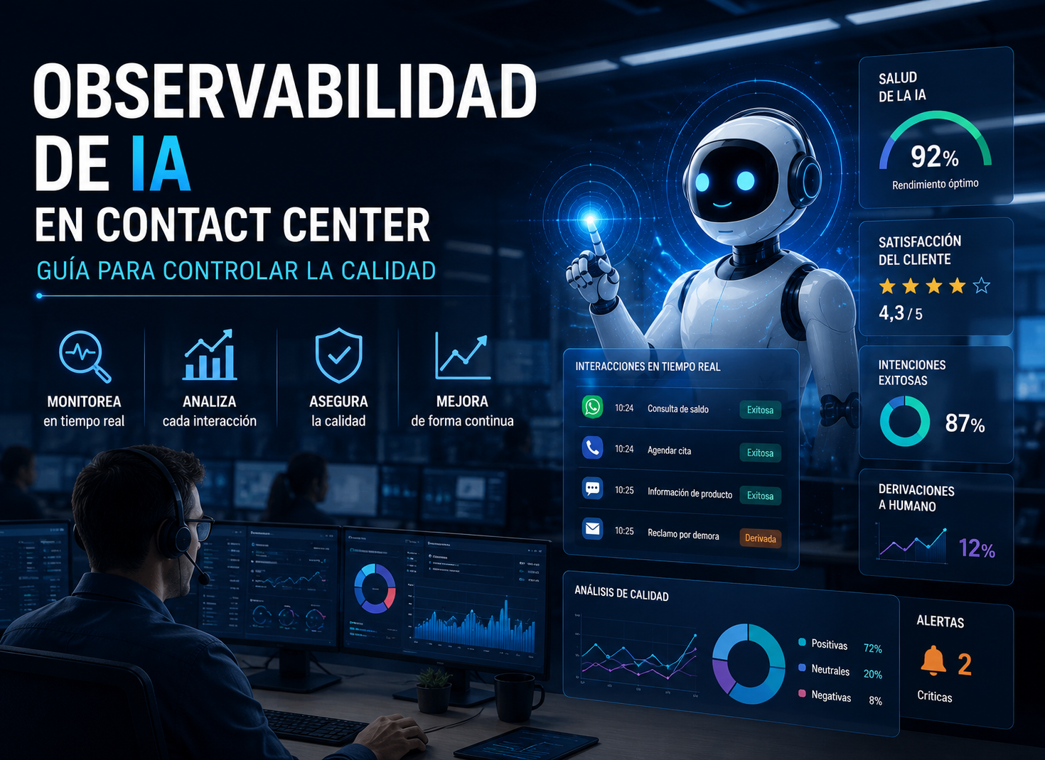 Observabilidad de IA en Contact Center: guía para controlar la calidad 1 Observabilidad de IA en Contact Center con panel de monitoreo de conversaciones, alertas y métricas operativas