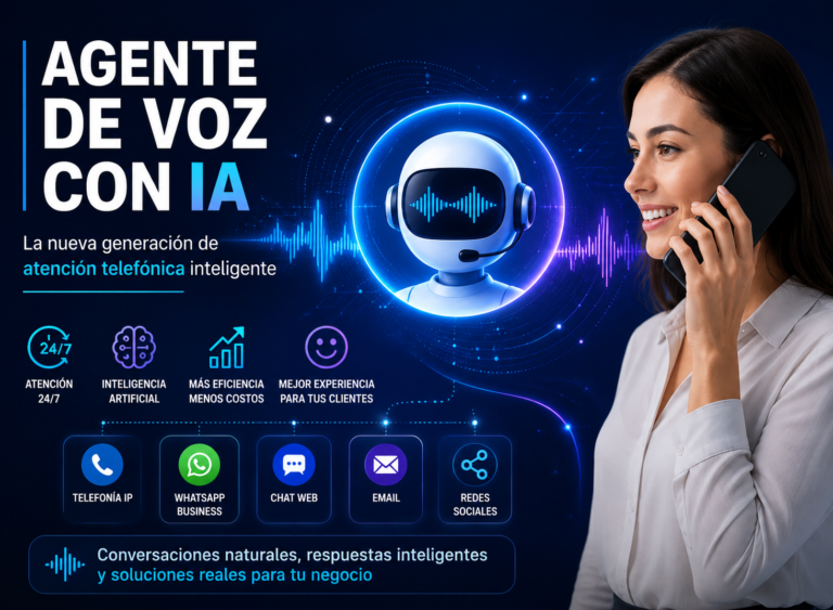 Agente de Voz con IA: La Nueva Generación de Atención Telefónica Inteligente 2 Agente de Voz con IA para Contact Center que automatiza la atención telefónica, responde llamadas con lenguaje natural e integra WhatsApp Business, CRM y sistemas empresariales mediante Omnis Contact Center CX.
