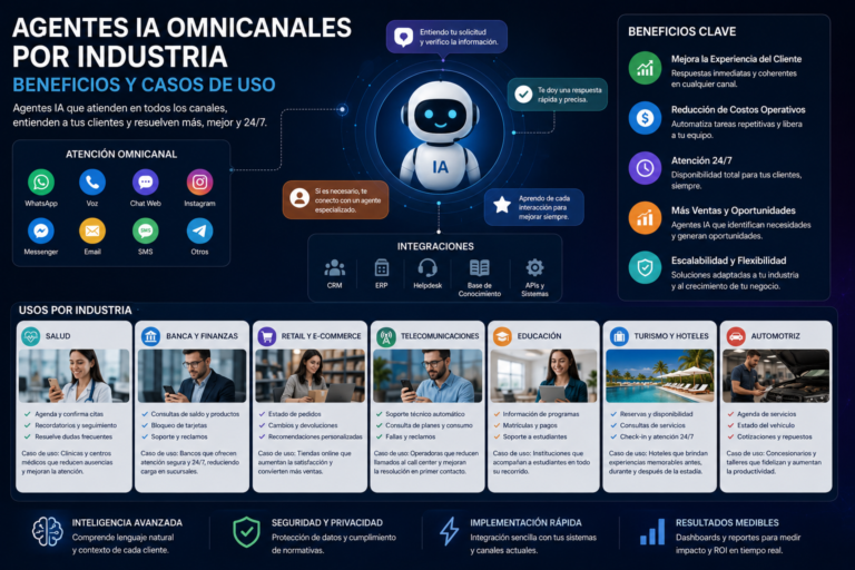 Agentes IA omnicanales gestionando conversaciones de clientes en diferentes industrias