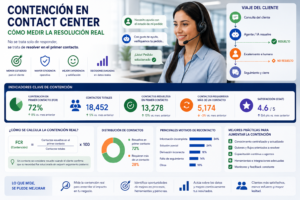 Panel de contención en Contact Center con métricas de resolución, transferencias y satisfacción del cliente